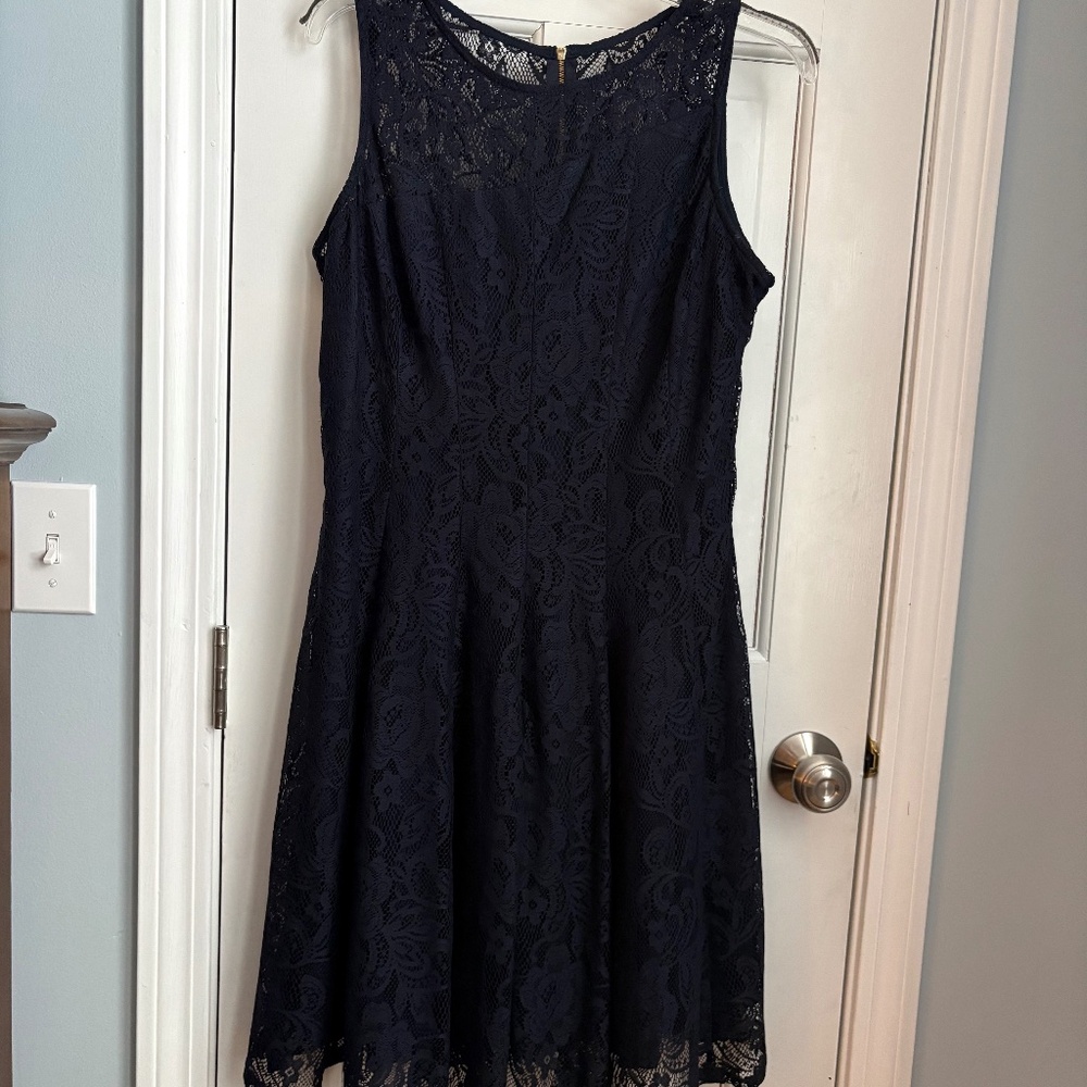 Gorgeous navy blue dress with lace overlay.  Size 12